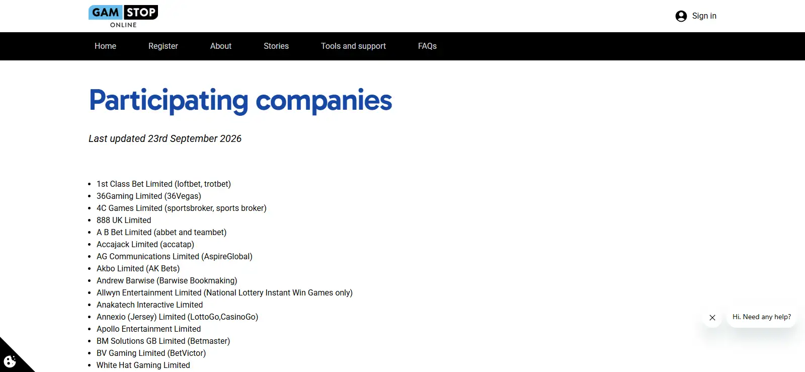 GAMSTOP participating-company evidence showing White Hat Gaming Limited