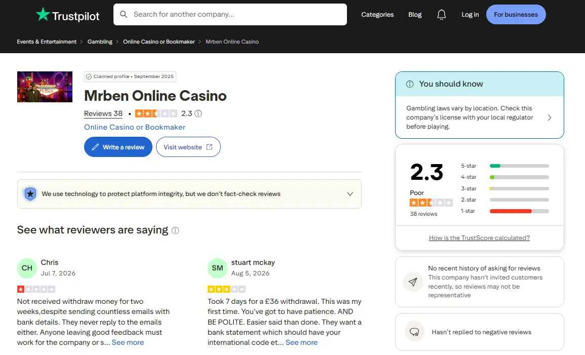 Current Trustpilot overview for mrben.com showing the score and review count