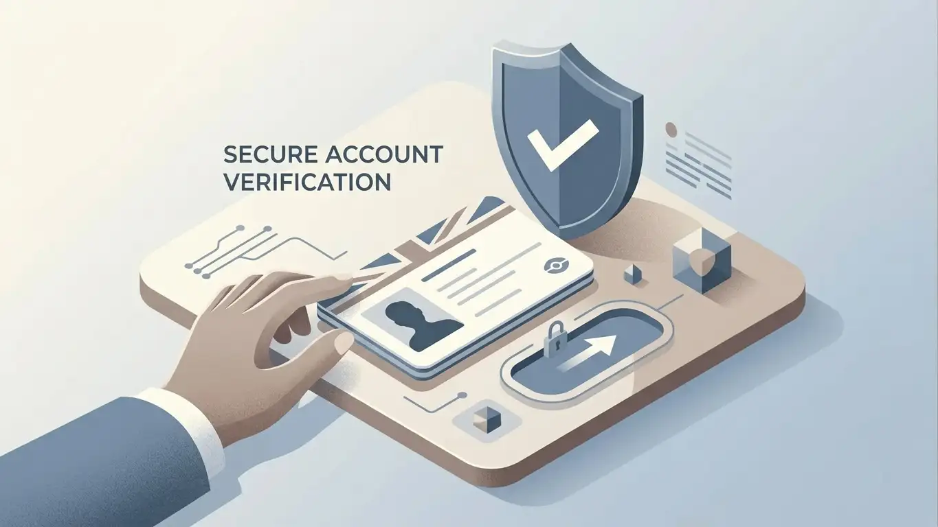 Abstract editorial illustration of identity verification with a document, shield and secure upload symbols