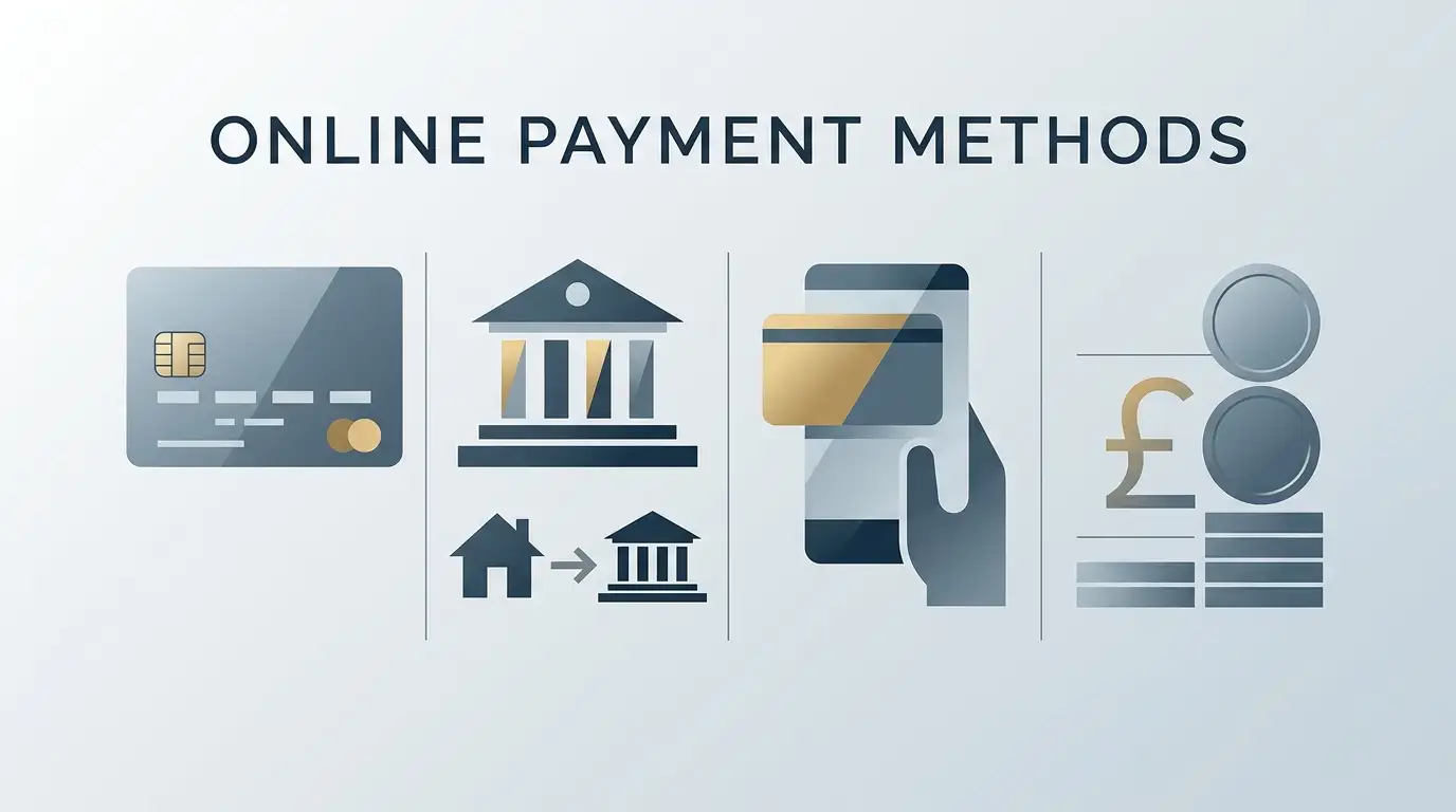 Editorial illustration of debit card, bank transfer and e-wallet payment routes in pounds