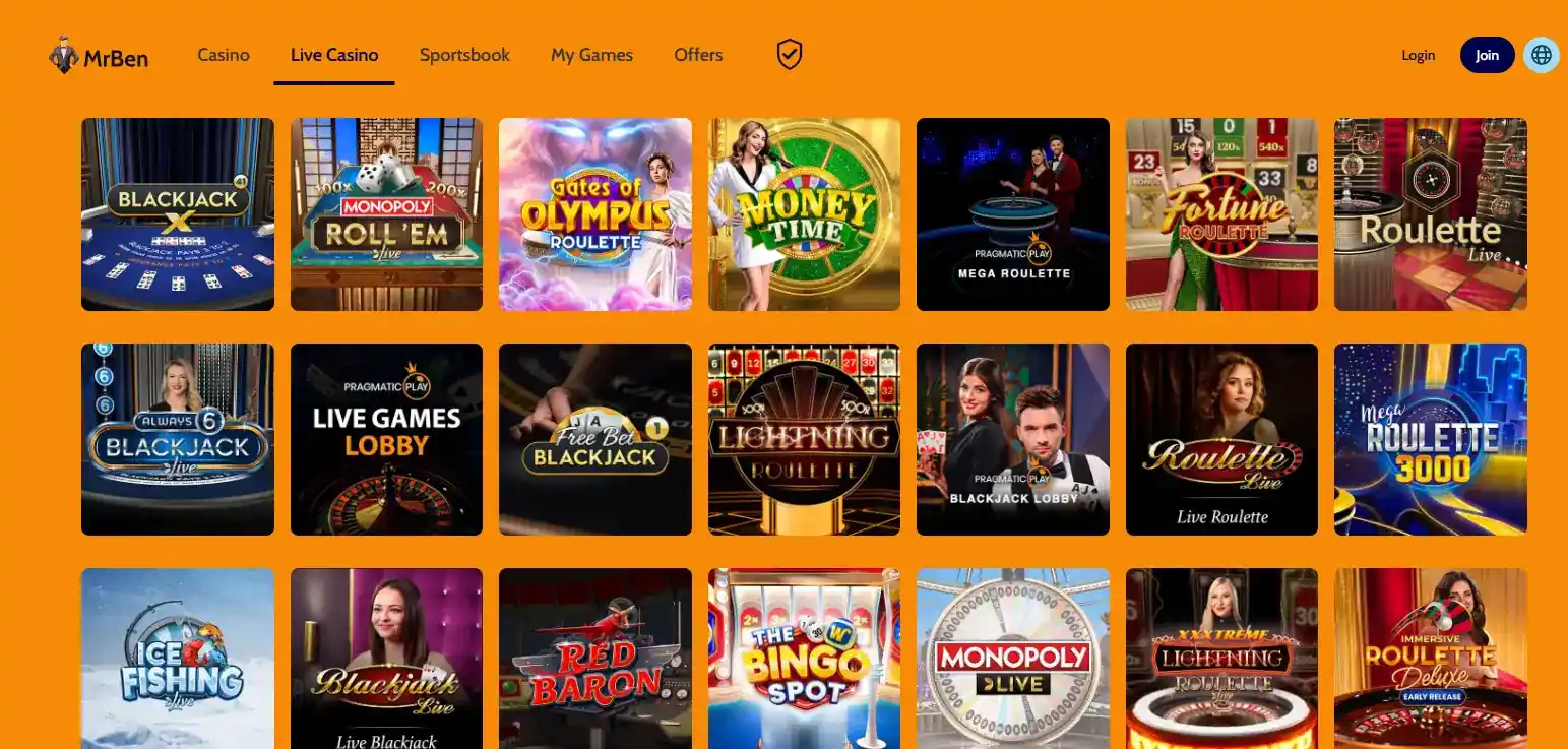 Current MrBen live casino lobby showing dealer-game categories
