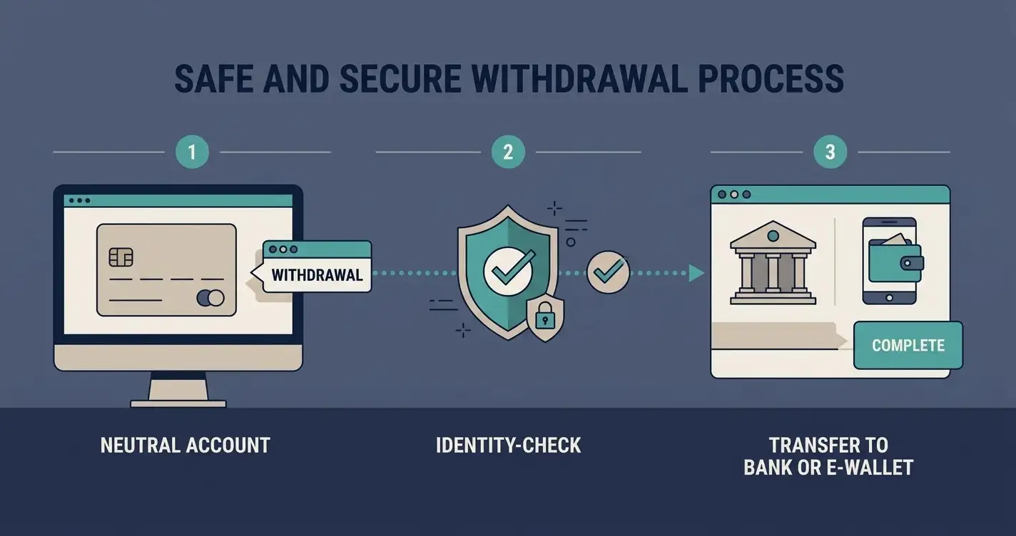 Editorial illustration of a withdrawal request moving through verification to a bank or e-wallet