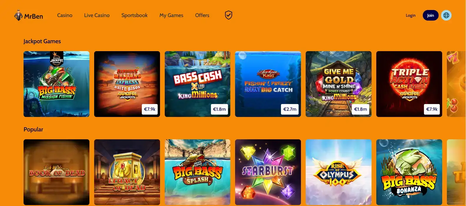 Current MrBen casino lobby with game-category navigation