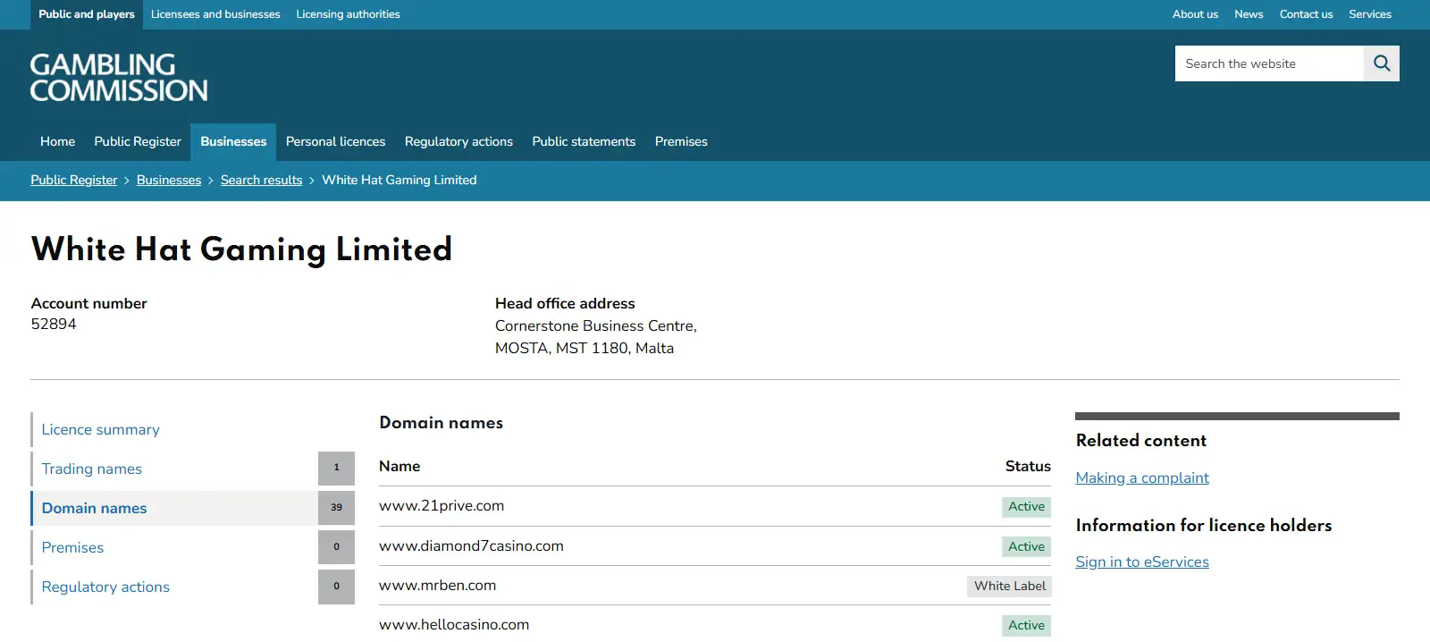 UK Gambling Commission register evidence for mrben.com and White Hat Gaming Limited